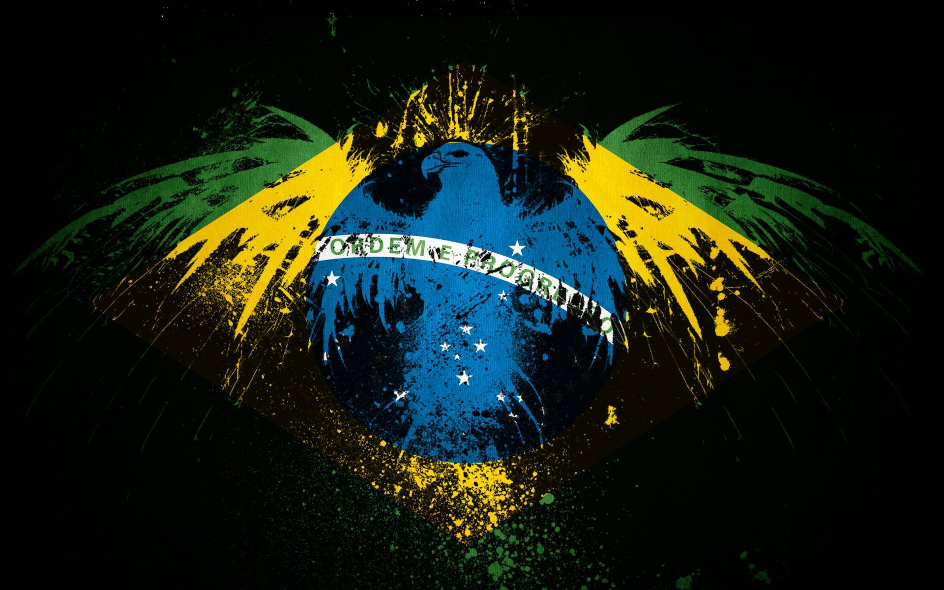 卓越繪製的巴西國旗 壁紙 — 一個風格化的巴西國旗，帶有垃圾紋理和油漆飛濺效果，背景為黑色。