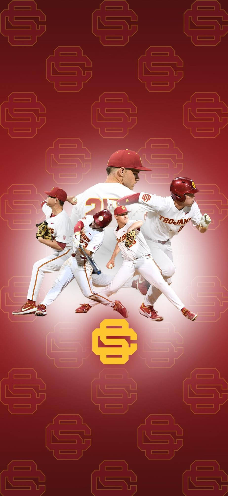 南加州大學特洛伊人棒球隊海報 壁紙 — USC Trojans 棒球運動員在紅色背景上以重複的球隊標誌進行動態拼貼。