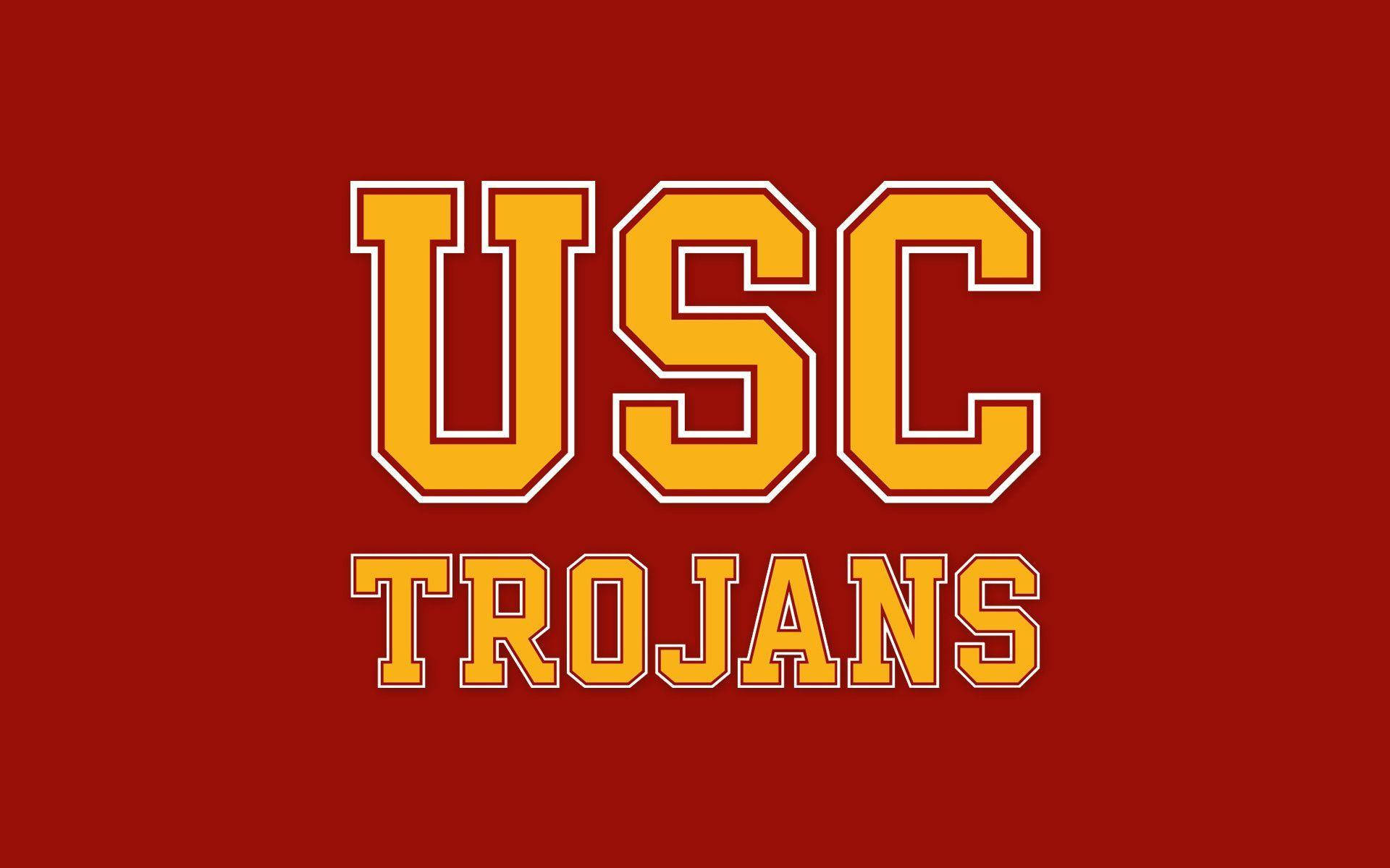 南加州大學特洛伊人隊標誌桌面版 壁紙 — 粗體黃色 USC Trojans 文字配白色輪廓，在純深紅色背景上格外突出。