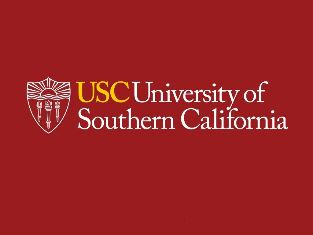 南加州大學紅色桌面壁紙 壁紙 — University of Southern California 標誌，白色和金色文字及盾牌在純紅色背景上。