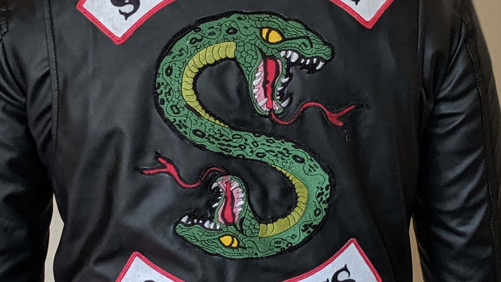 黑色皮褸，帶有綠色蛇形刺繡組成字母S。