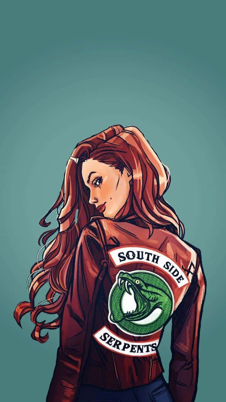 身穿棕色外套、帶有綠色蛇標誌的女性，文字為「South Side Serpents」。