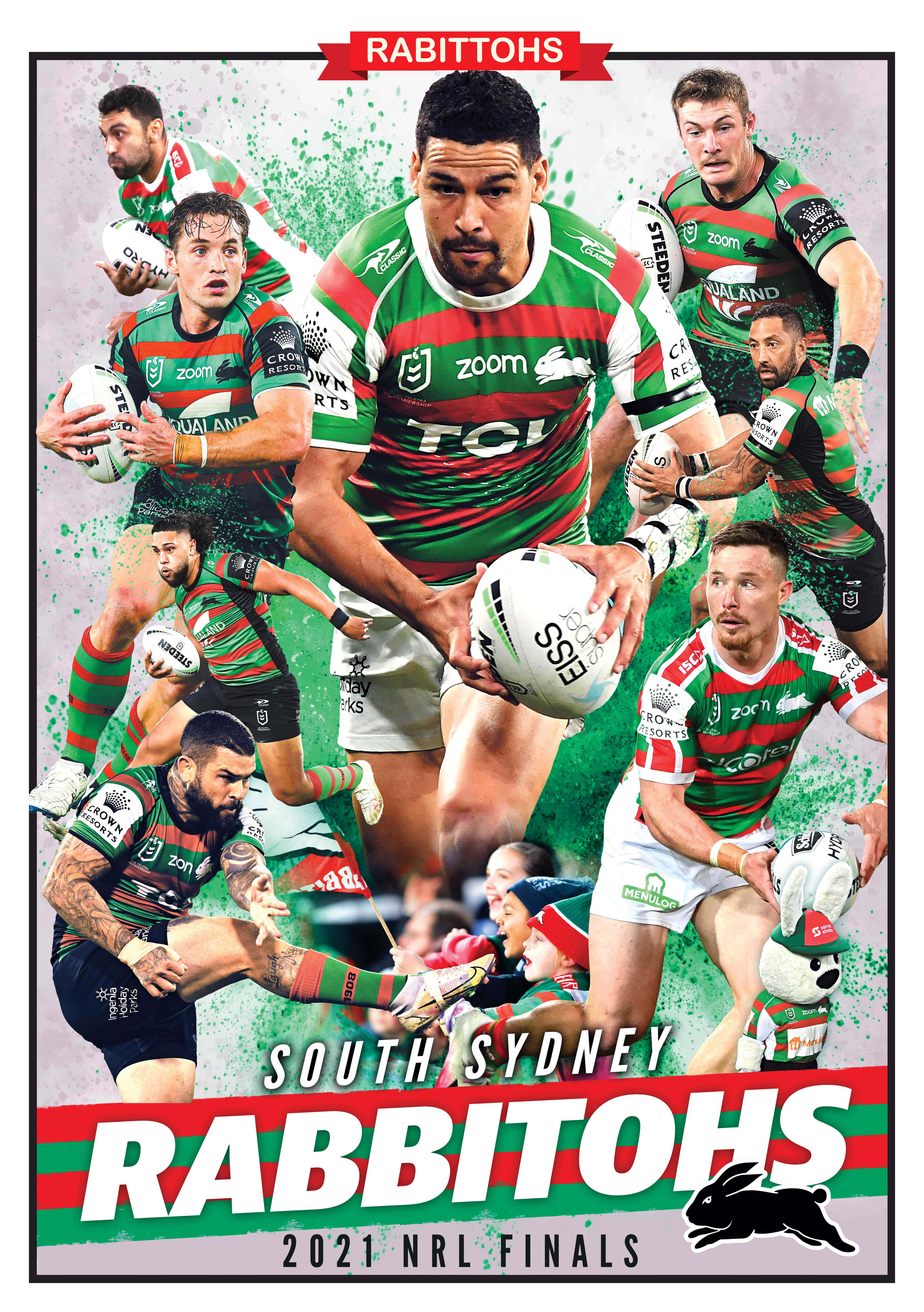 Rabbitohs 桌布 壁紙 — 南悉尼兔欖球聯賽球員身穿綠色和紅色球衣，與欖球一起動作的動態拼貼畫。