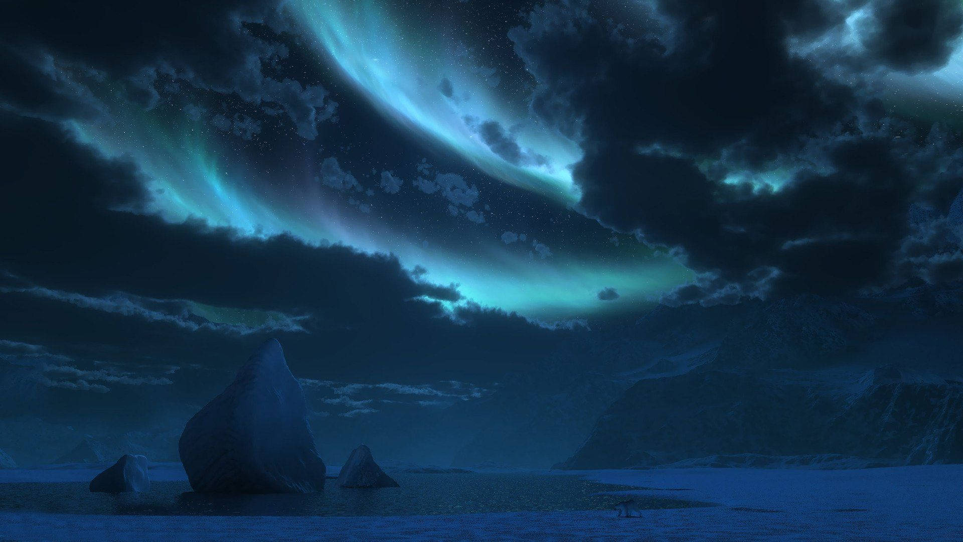 南極洲數位渲染夜景 壁紙 — 北極光在偏遠北極景觀中，在冰冷水域和參差不齊的冰山之上，於暴風雨的夜空中舞動。