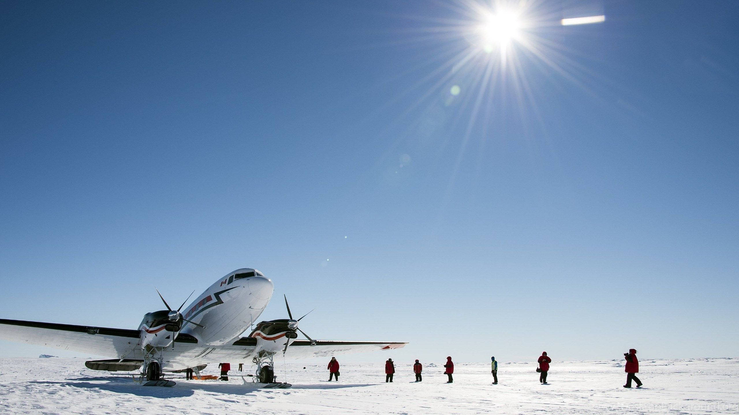 南極飛機與人群 壁紙 — 一架白色雙引擎飛機在無盡的雪地上停歇，烈日當空，身穿紅色派克大衣的人影在冰凍的苔原上行走。