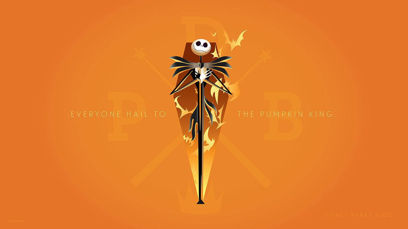 南瓜王 Jack Skellington 身穿萬聖節服飾，背景為橙色。