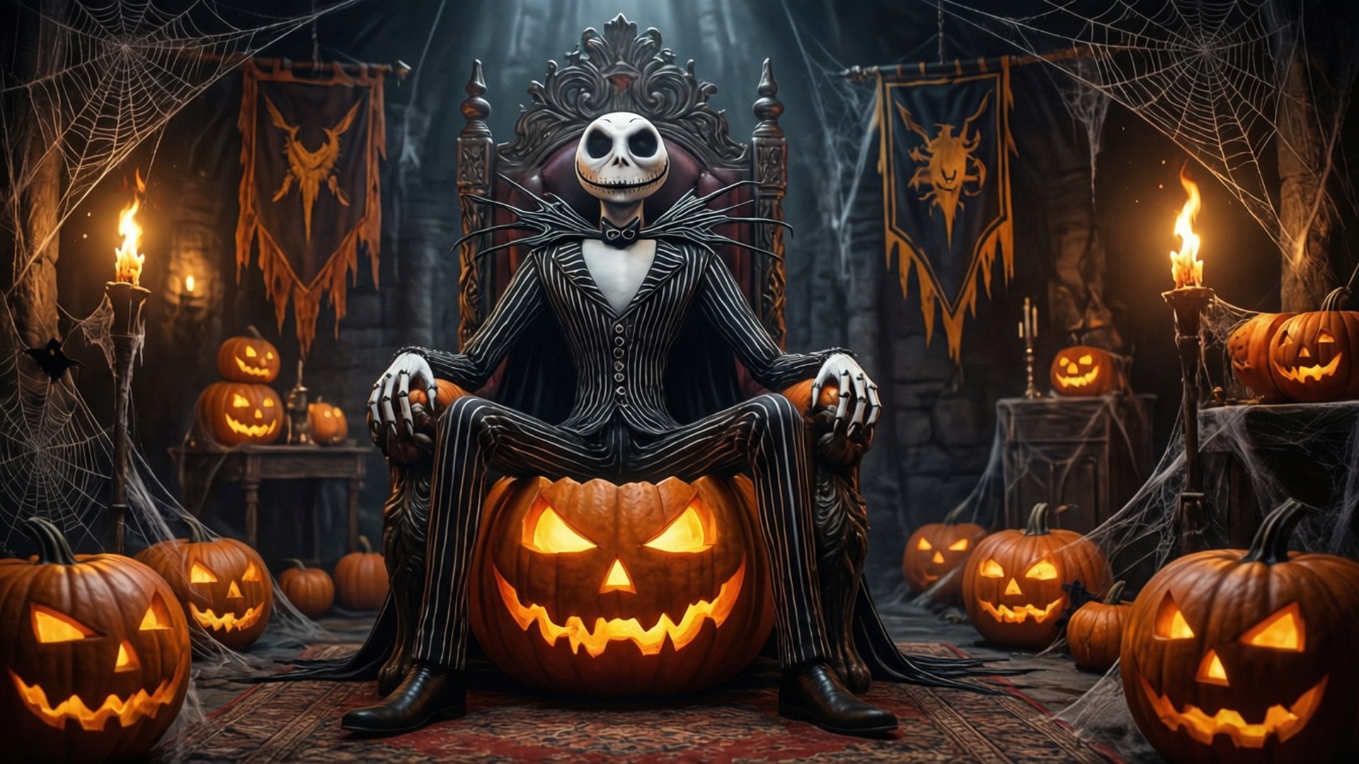 Jack Skellington 坐在他的南瓜王座上，身旁是 Zero。 壁紙