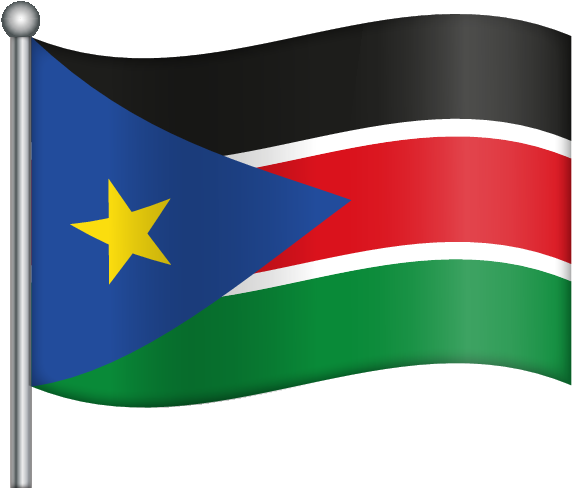 南蘇丹國旗 壁紙 — 南蘇丹國旗在純黑背景上動態飄揚，展示其大膽的水平條紋和中央帶有金色星星的藍色三角形。