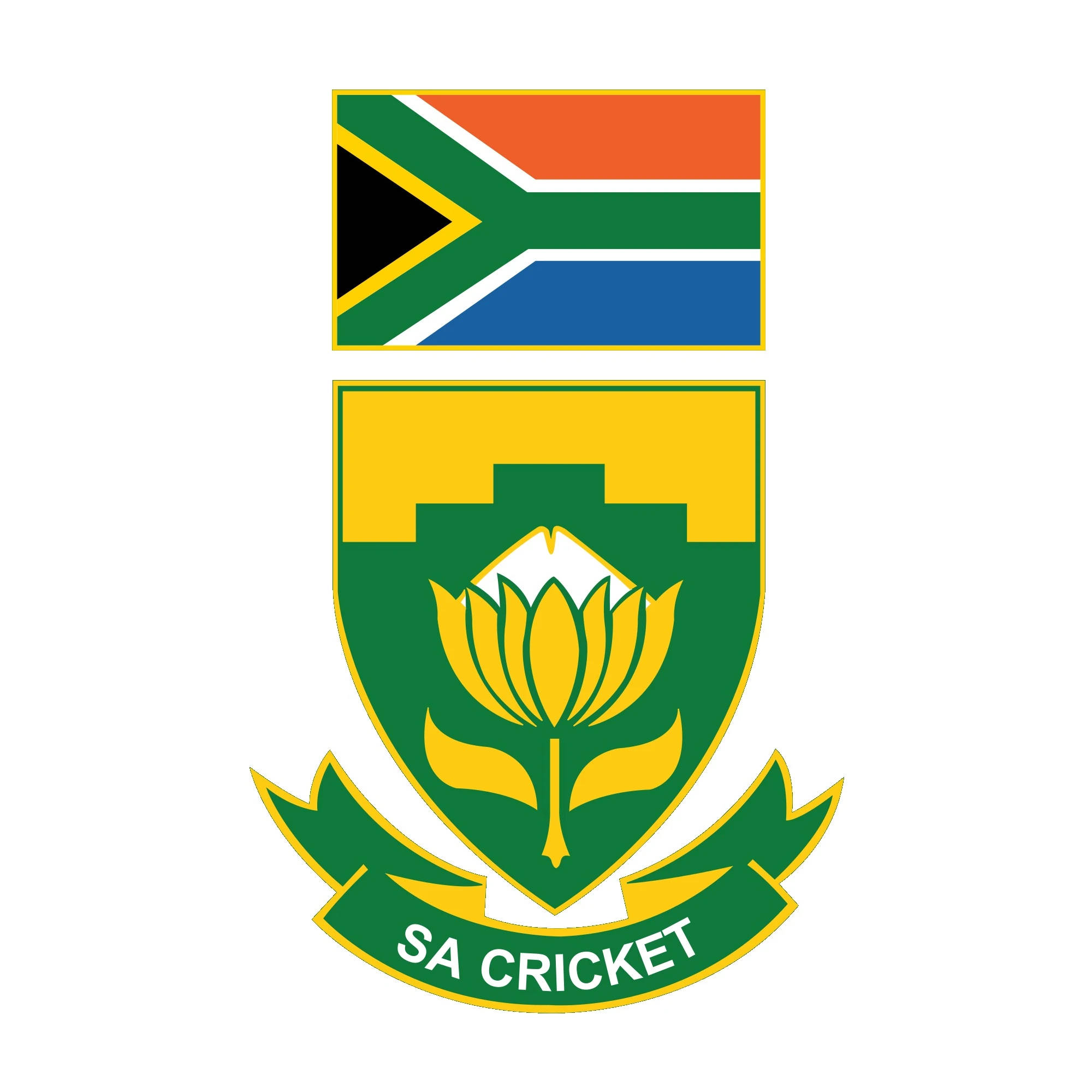 南非板球隊白色背景標誌 壁紙 — SA Cricket 官方標誌，南非國旗位於綠色盾牌上方，盾牌上有黃色帝王花和橫幅。