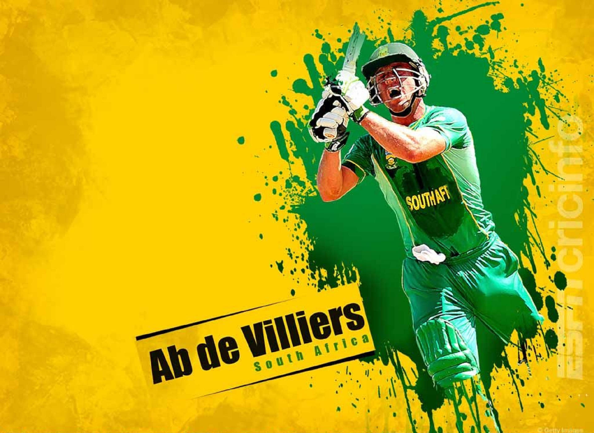 南非板球隊隊長阿布·德·維利爾斯 壁紙 — 板球運動員 Ab de Villiers 身穿綠色球衣，在充滿活力的黃色和綠色潑濺背景中揮桿。