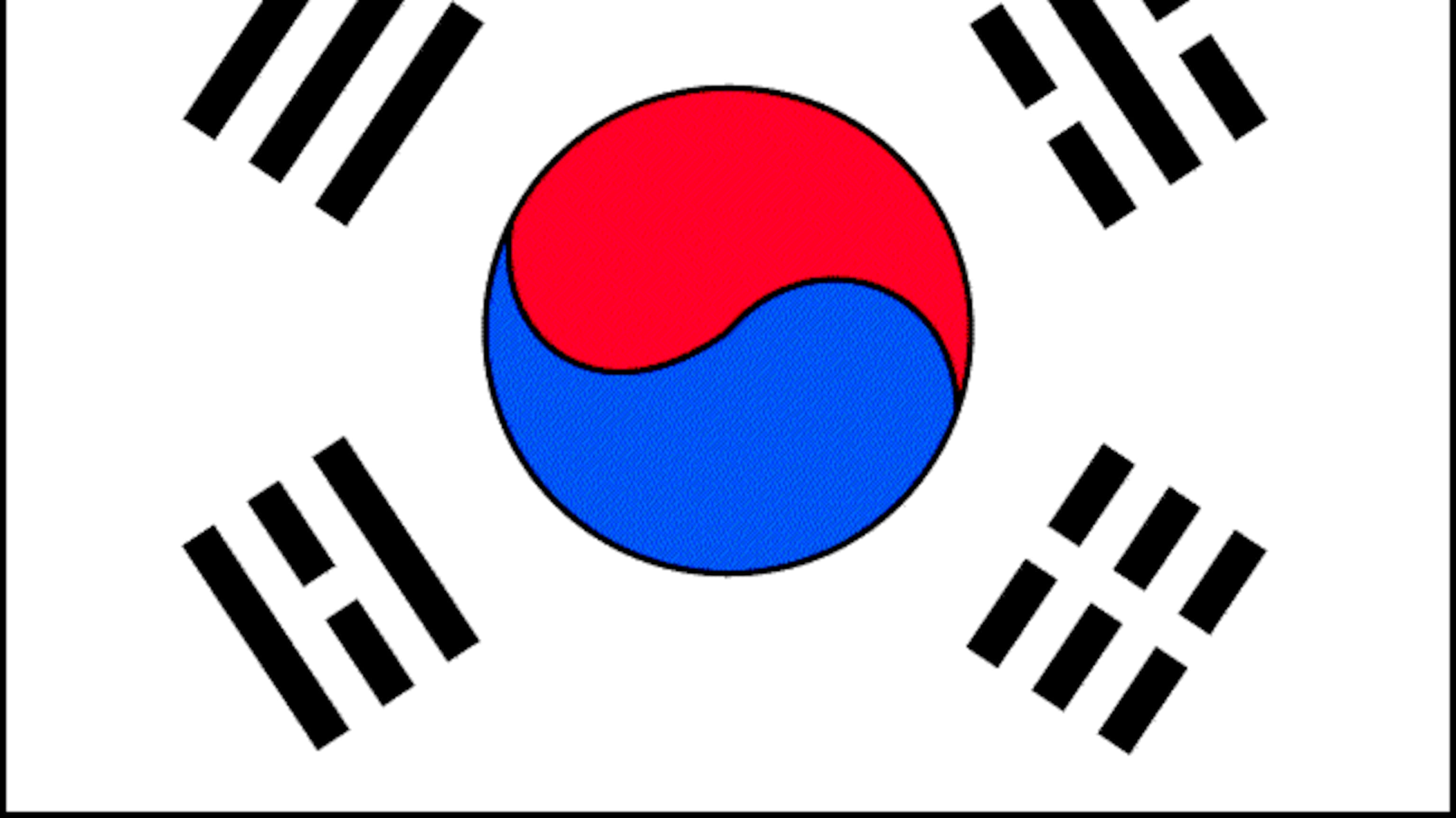 South Korea 桌布 壁紙 — 南韓國旗中央有一個紅藍太極圖案，白色背景上配有四個黑色卦象。