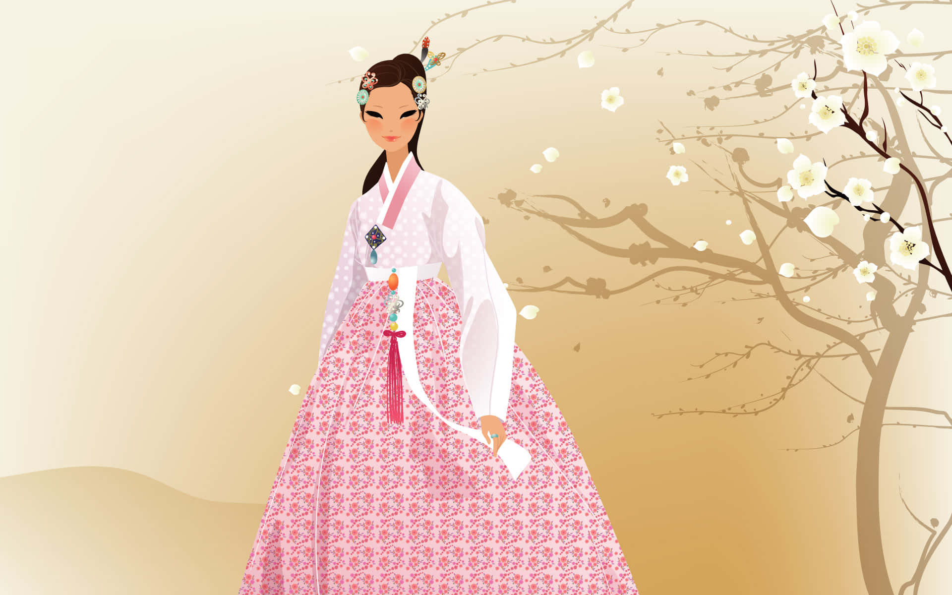 穿著傳統粉紅色韓服的女士在春天站在櫻花樹旁。