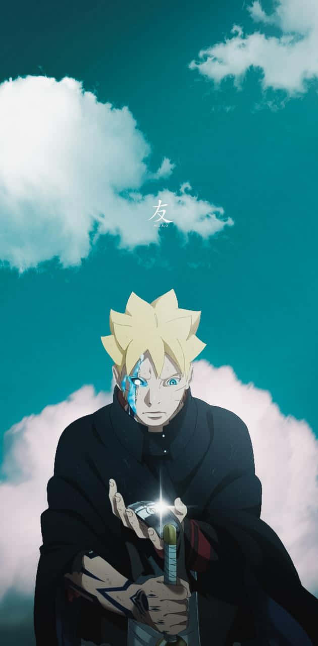 動漫角色博人手持發光的劍，背景是青藍色的天空和白雲。