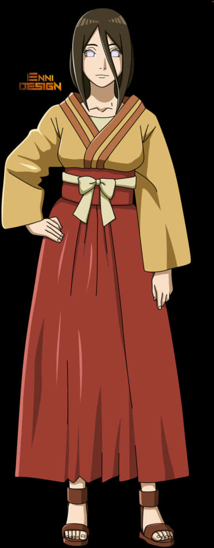 博人傳角色傳統服裝 壁紙 — 動漫女孩穿著傳統紅色和米色和服，搭配白色腰帶，自信地站在黑色背景前。