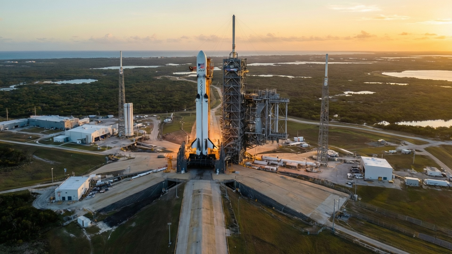 日出時分博卡奇卡SpaceX星際基地的航拍景觀 壁紙
