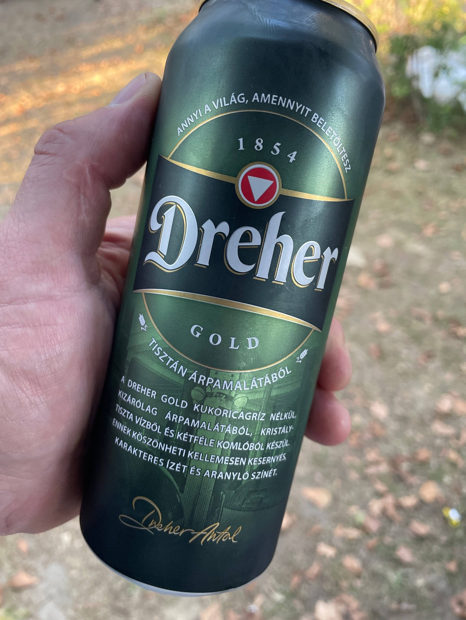 博斯多伊 德雷赫金罐啤酒 壁紙 — 一隻手拿著一個綠色帶金色邊飾的Dreher Gold啤酒罐，背景是模糊的戶外落葉。