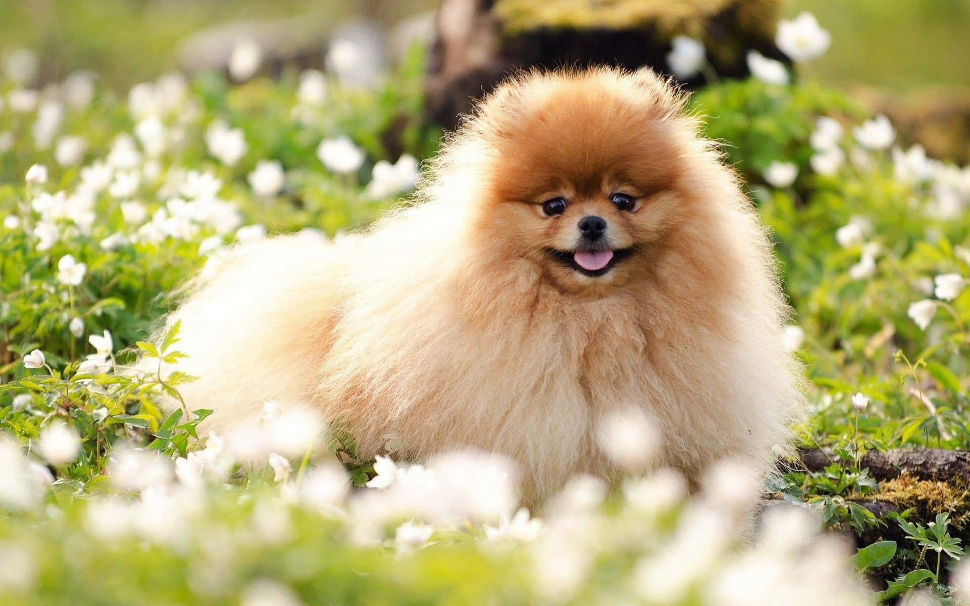毛茸茸的橙色博美犬坐在白色花朵的田野中。