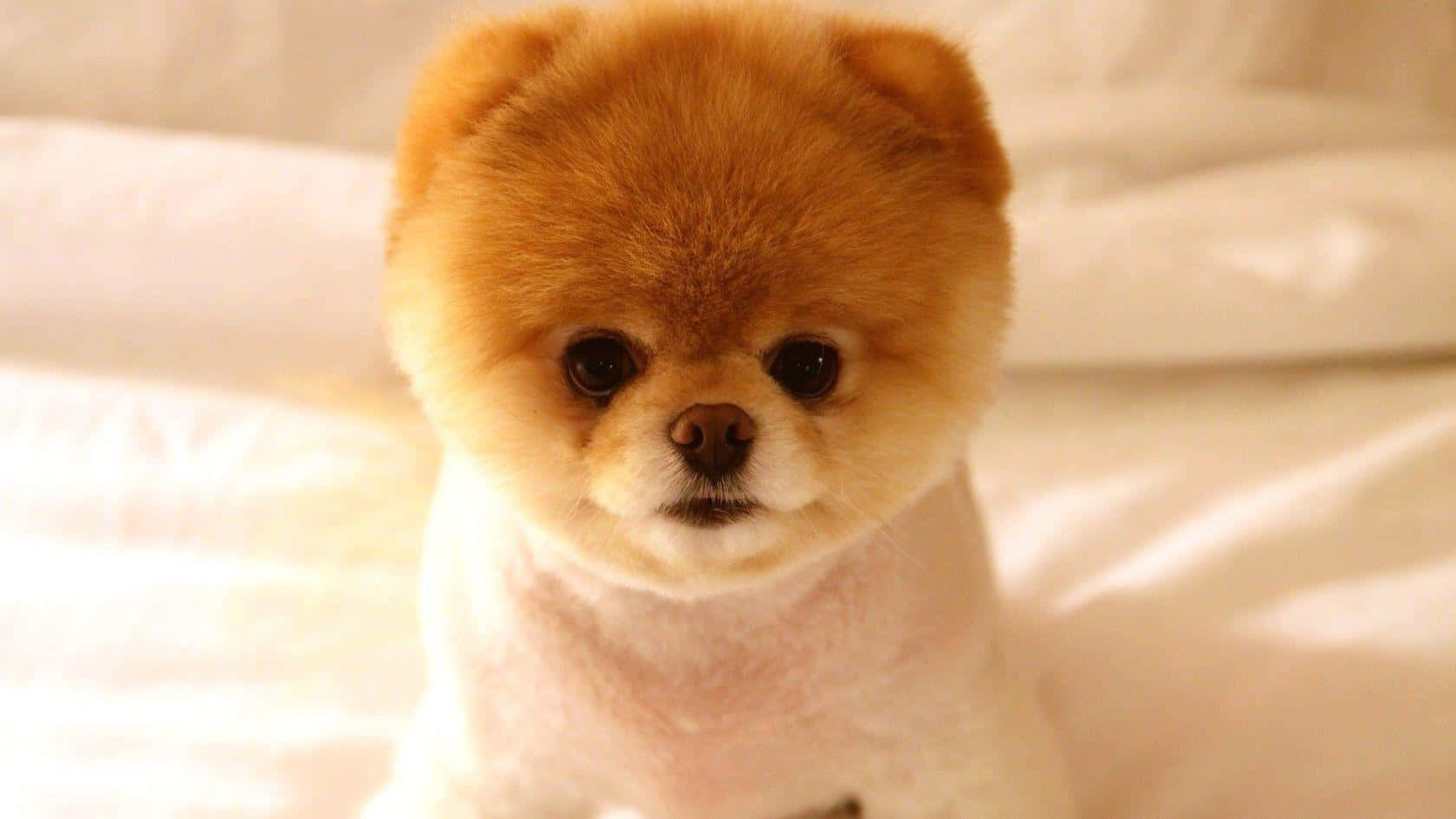 毛茸茸的橙色幼犬，大眼睛，坐在白色床上