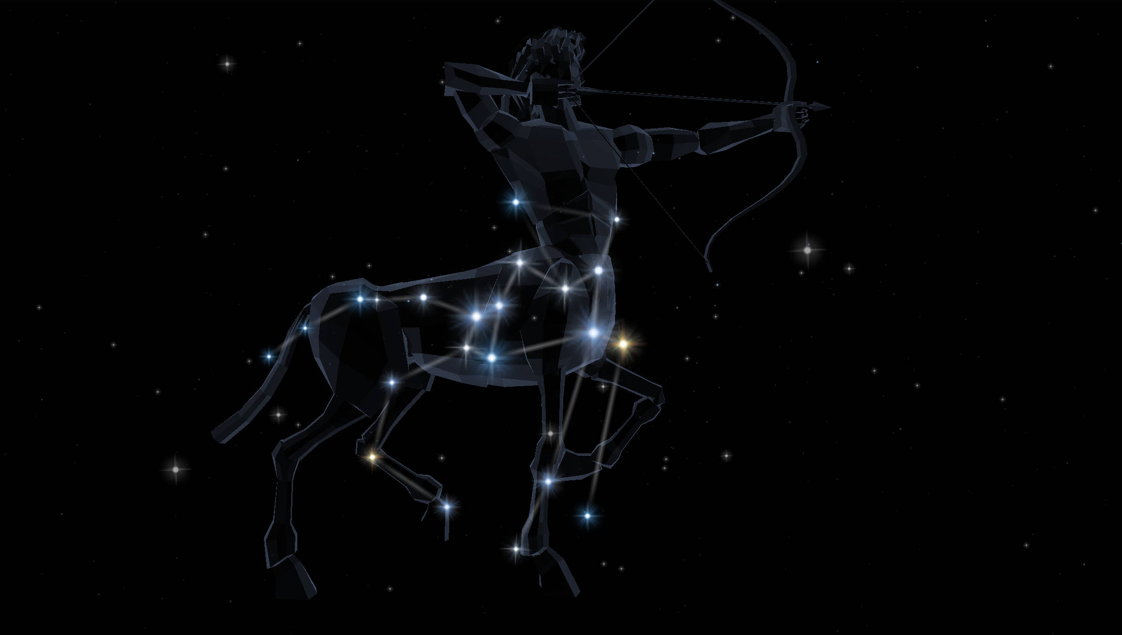 占星射手座弓箭手 壁紙 — 在黑暗的星空背景下，以發光的藍色星星繪製的幾何人馬座星座圖案。
