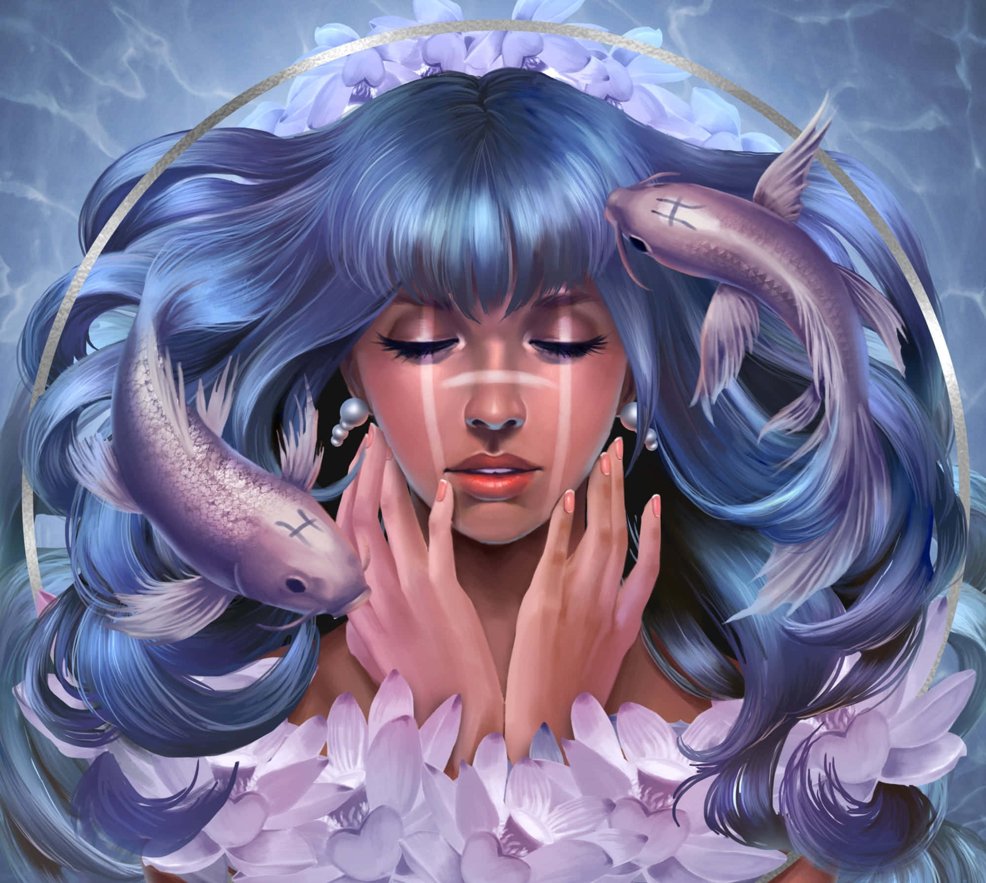 占星的多面體：全部十二星座 壁紙 — 一位寧靜的動漫女孩，藍色頭髮和蓮花，輕輕托著臉龐，錦鯉在她飄逸的髮絲間游動。