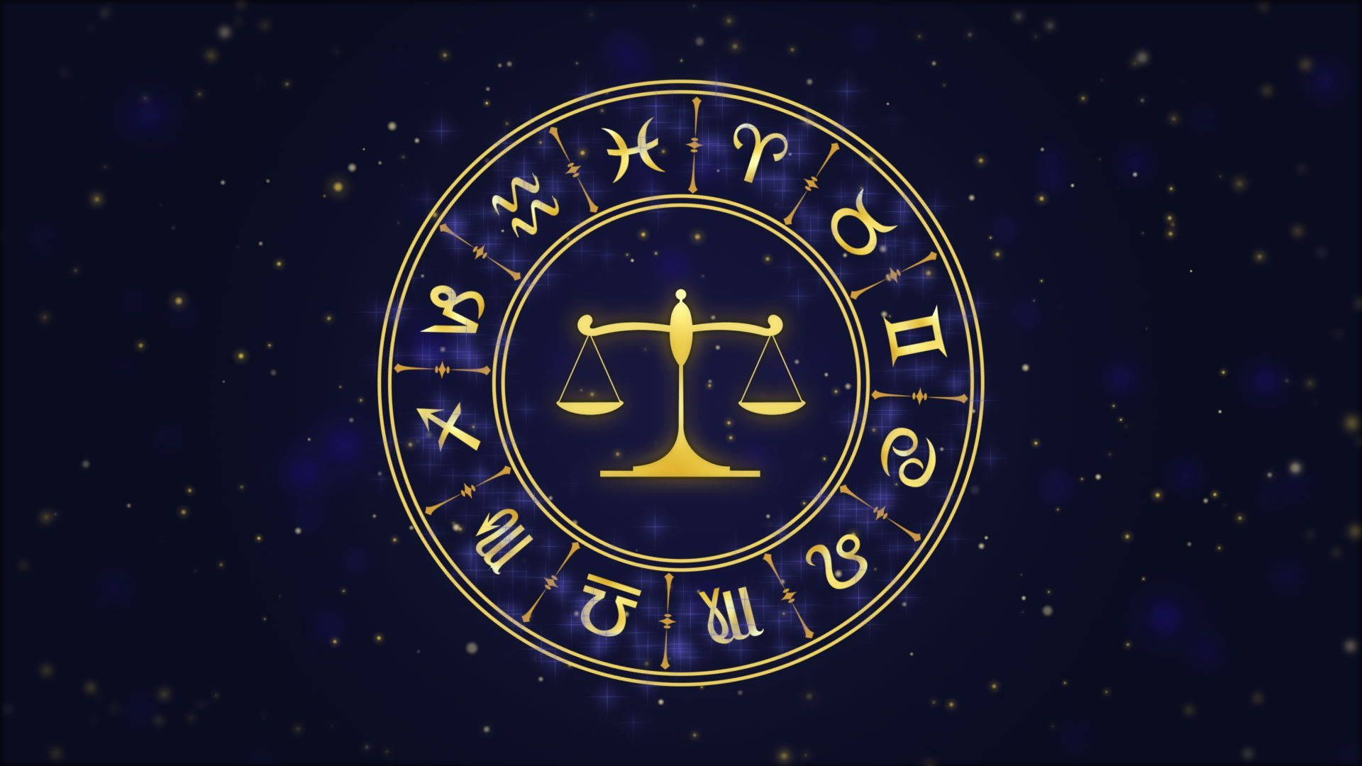 占星輪盤天秤座 壁紙 — 金色黃道輪盤，中央天秤座天平在繁星宇宙夜空中閃耀。