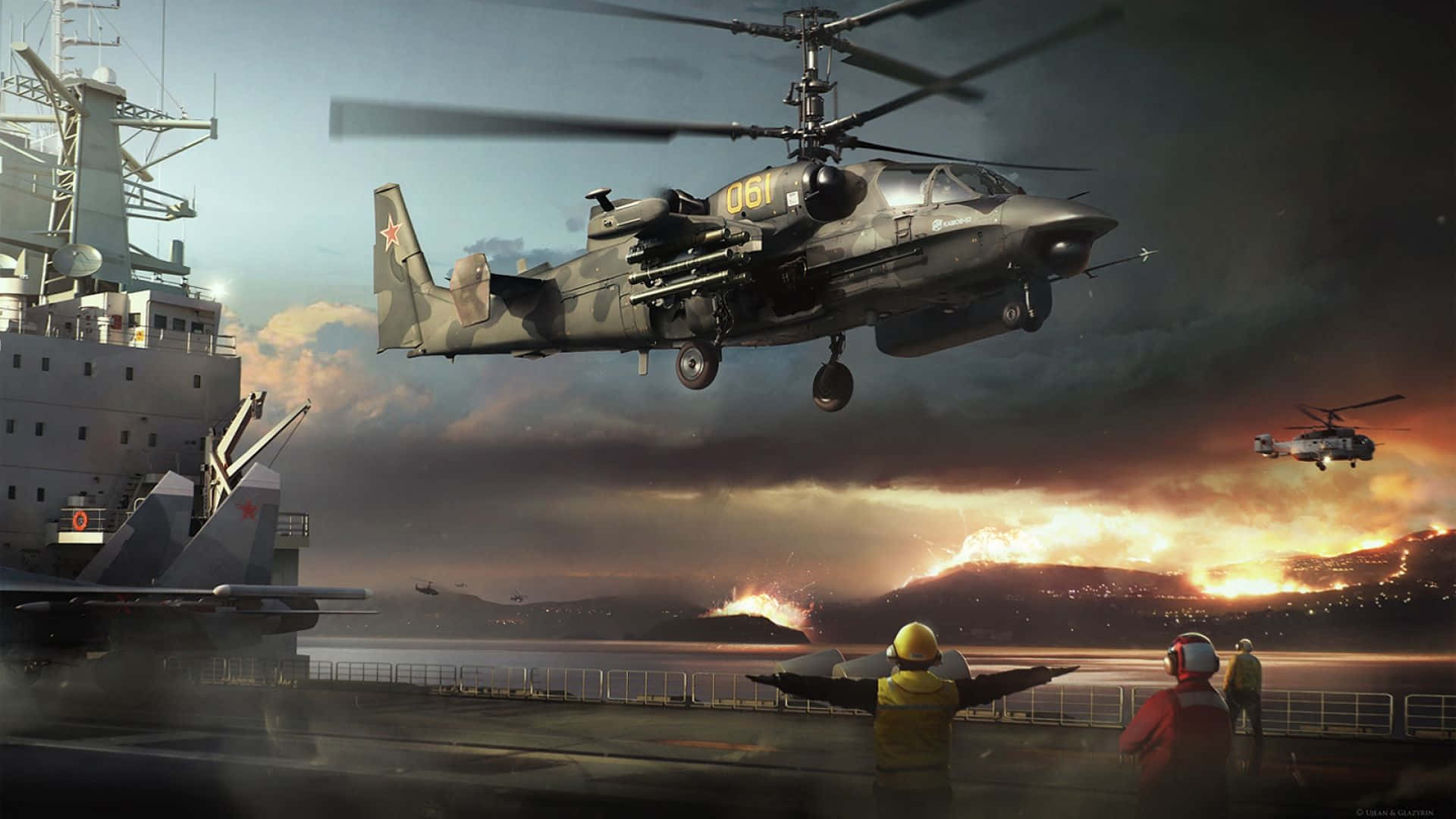 軍用直升機在黃昏時分的熾熱海岸戰鬥中降落在航空母艦上。