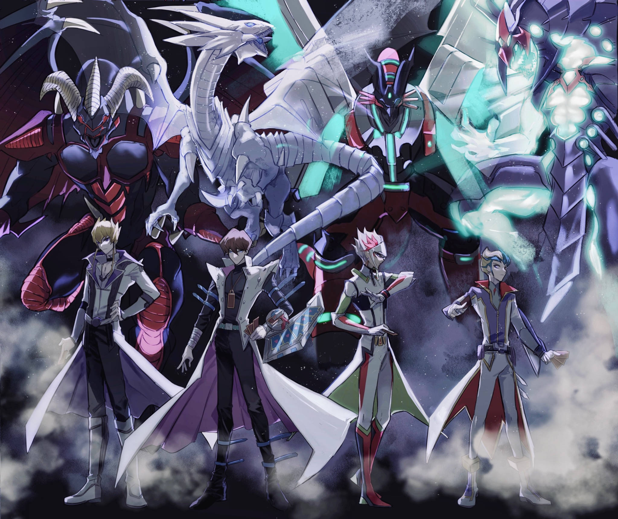 卡伊巴與《遊戲王》角色群像 壁紙 — 四個動漫角色站在黑暗煙霧彌漫的戰場上，面對高聳的機械巨龍。