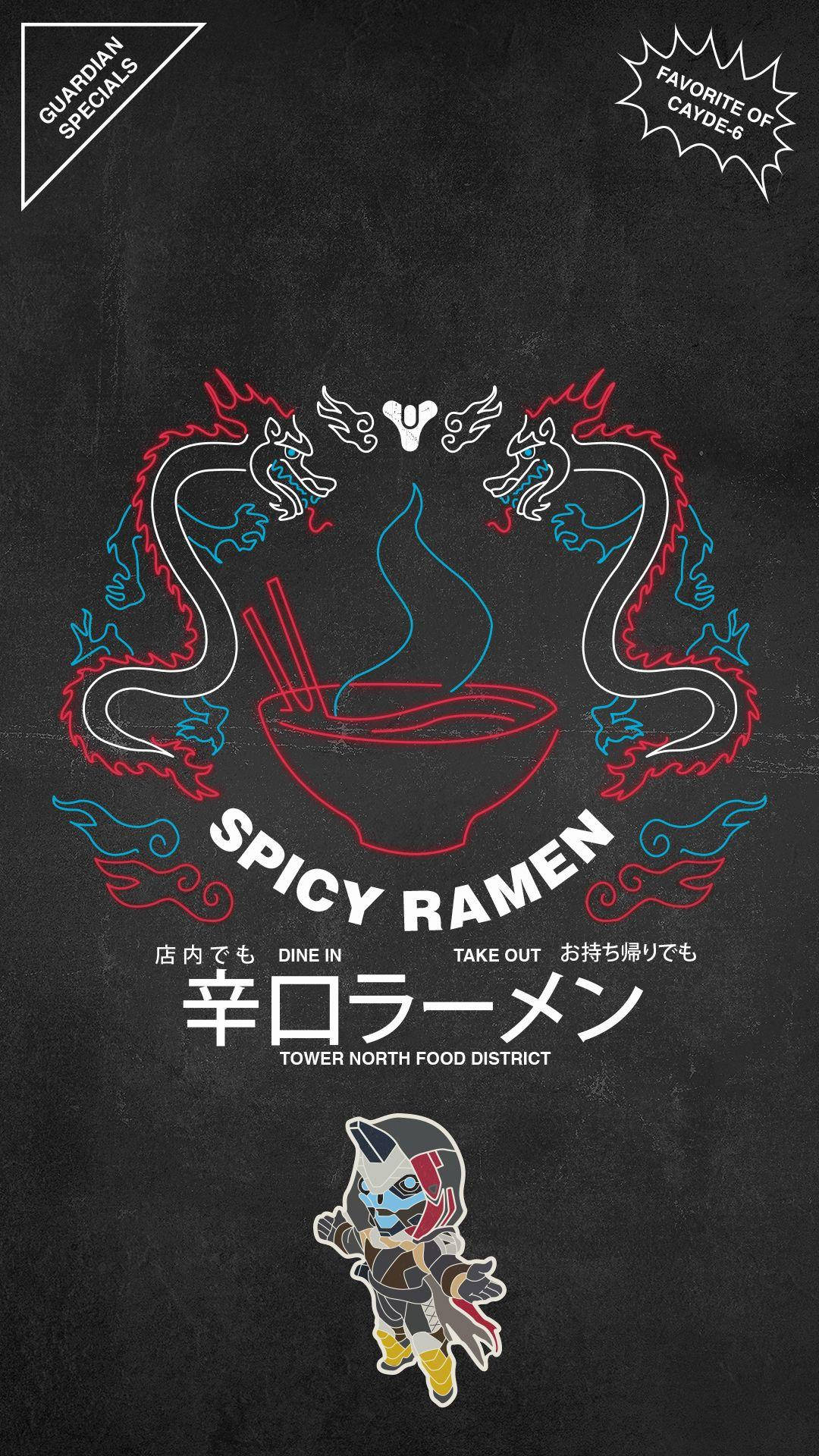 辛辣拉麵，帶有龍藝術作品和來自 Tower North Food District 的守護者角色。