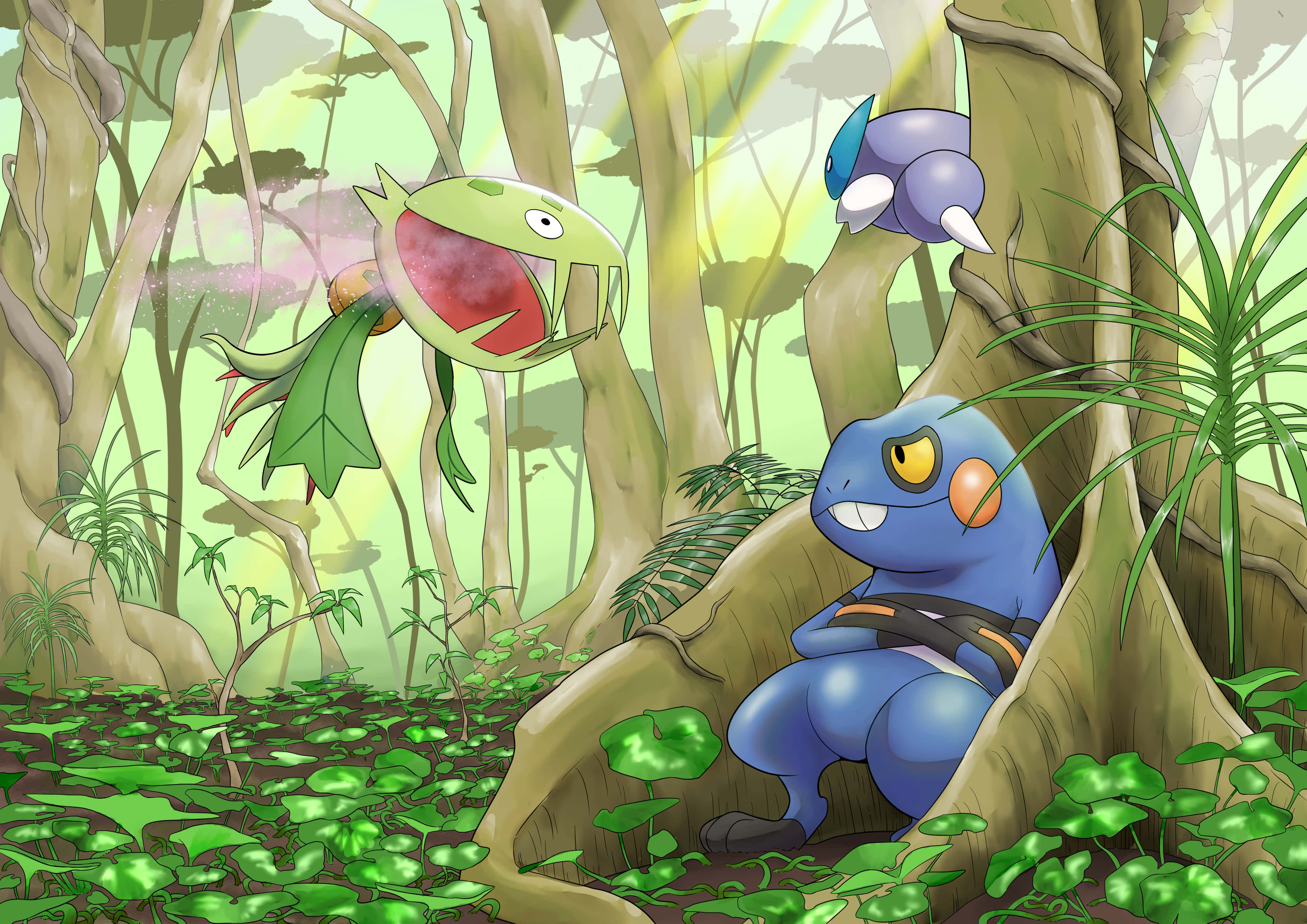 卡內文、克羅根與斯科魯皮森林插畫 壁紙 — 三隻 Pokémon 在陽光明媚的叢林中放鬆，周圍有充滿活力的綠色樹葉，斑駁的光線穿過高大的樹木。