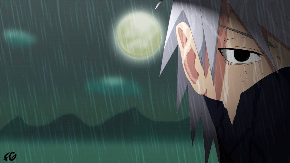 銀發動漫角色在滿月下的雨夜向外眺望。