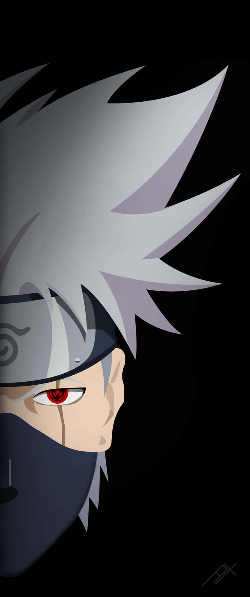 卡卡西寫輪眼同人圖 壁紙 — 卡卡西·哈塔克（Kakashi Hatake）的動漫特寫肖像，銀色尖刺頭髮和紅色眼睛，黑色背景。