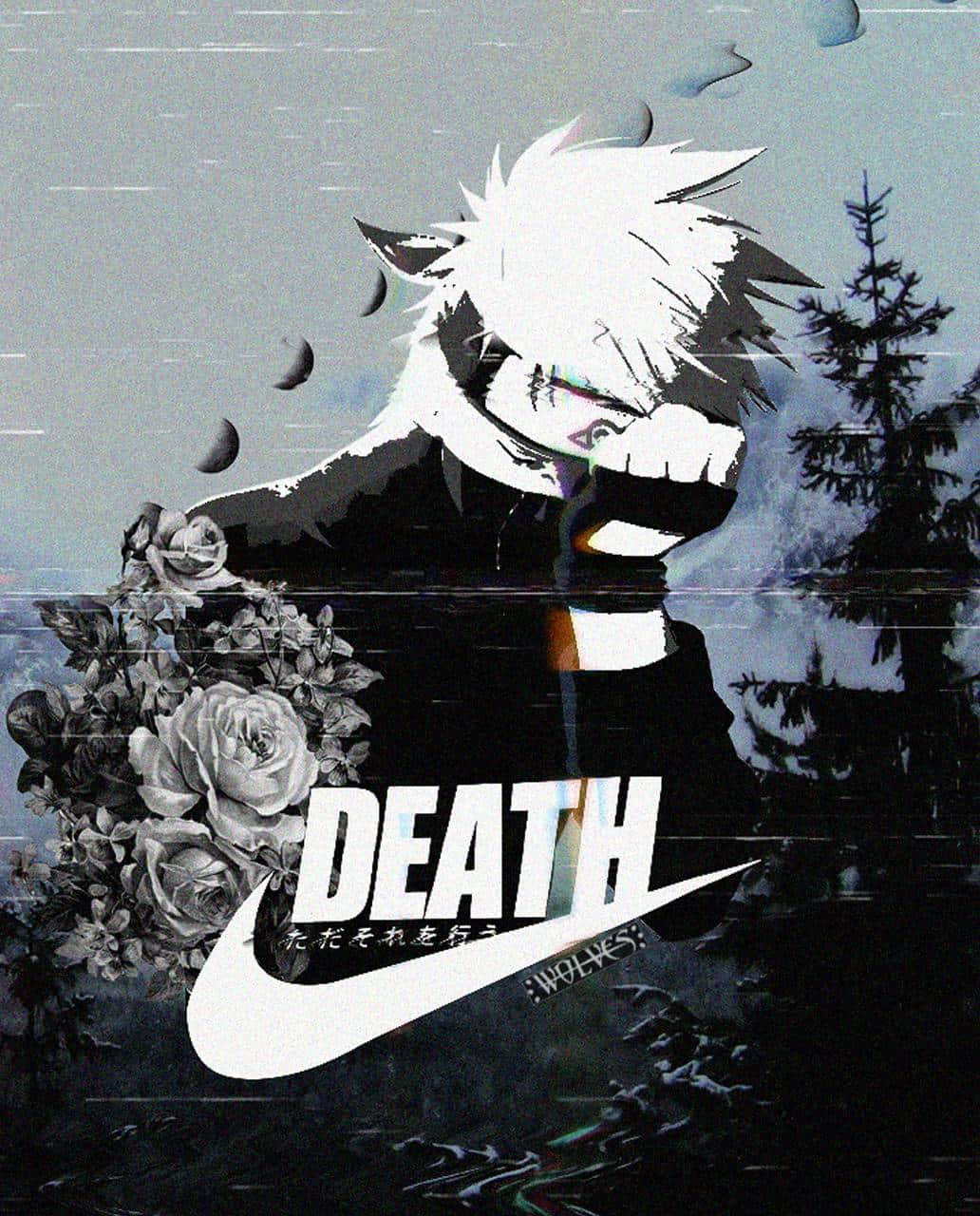 白發動漫角色手持玫瑰，旁邊是帶有death字樣的Nike標誌。