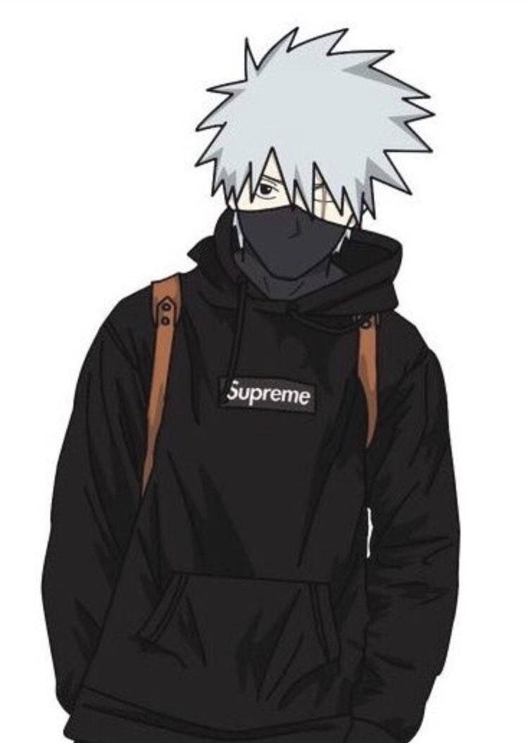 動漫男子，白髮，戴黑色口罩，身穿帶有棕色帶子的黑色Supreme連帽衫。