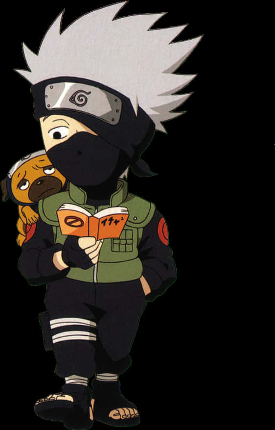卡卡西閱讀《色色天堂》 壁紙 — Chibi Kakashi 喺黑色背景前抱住一隻傷心嘅小狗睇書。