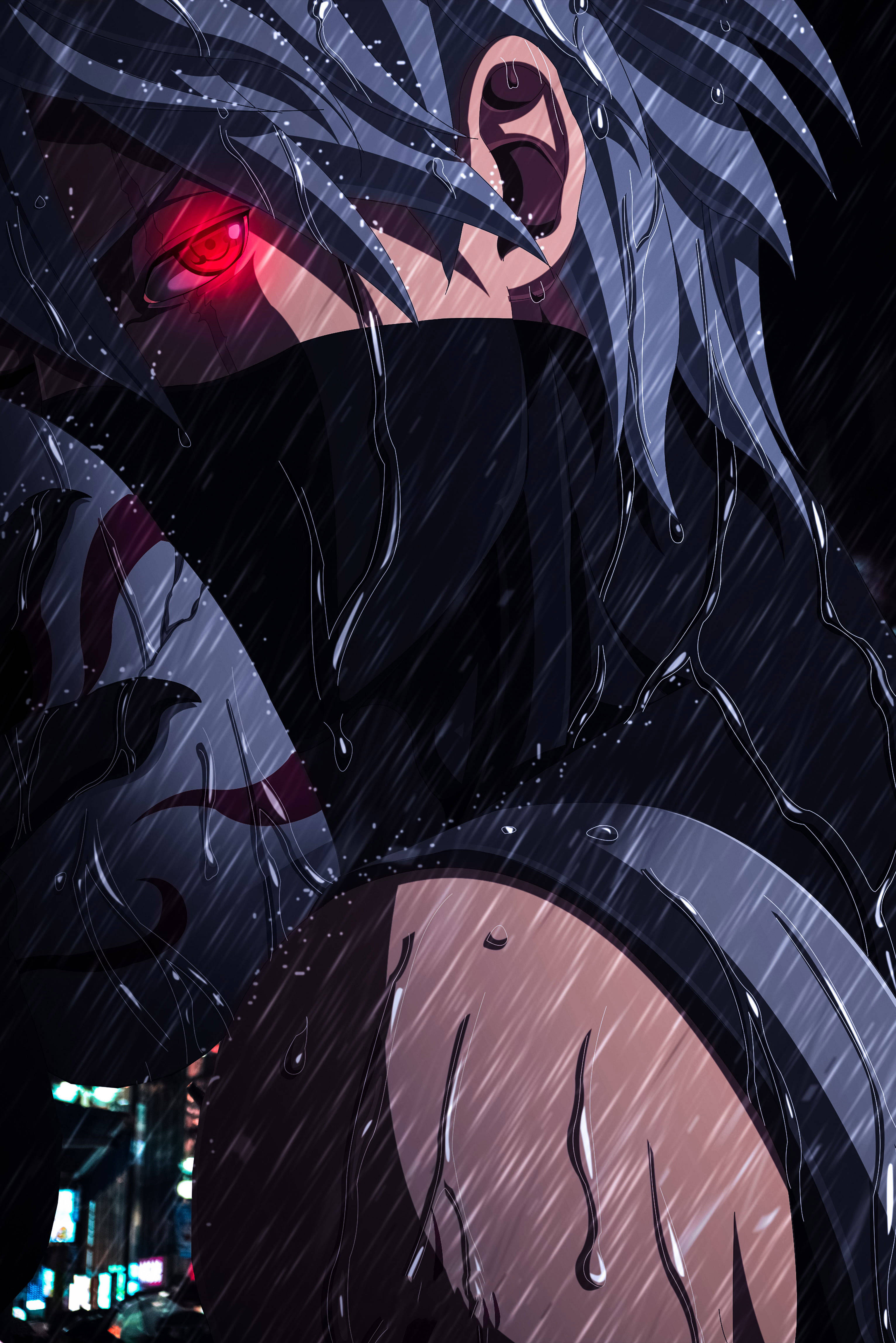卡卡西頭像 雨夜藝術 壁紙 — 一個擁有發光紅眼和黑髮的動漫角色，在夜晚霓虹燈照亮的城市景觀中站在大雨中。