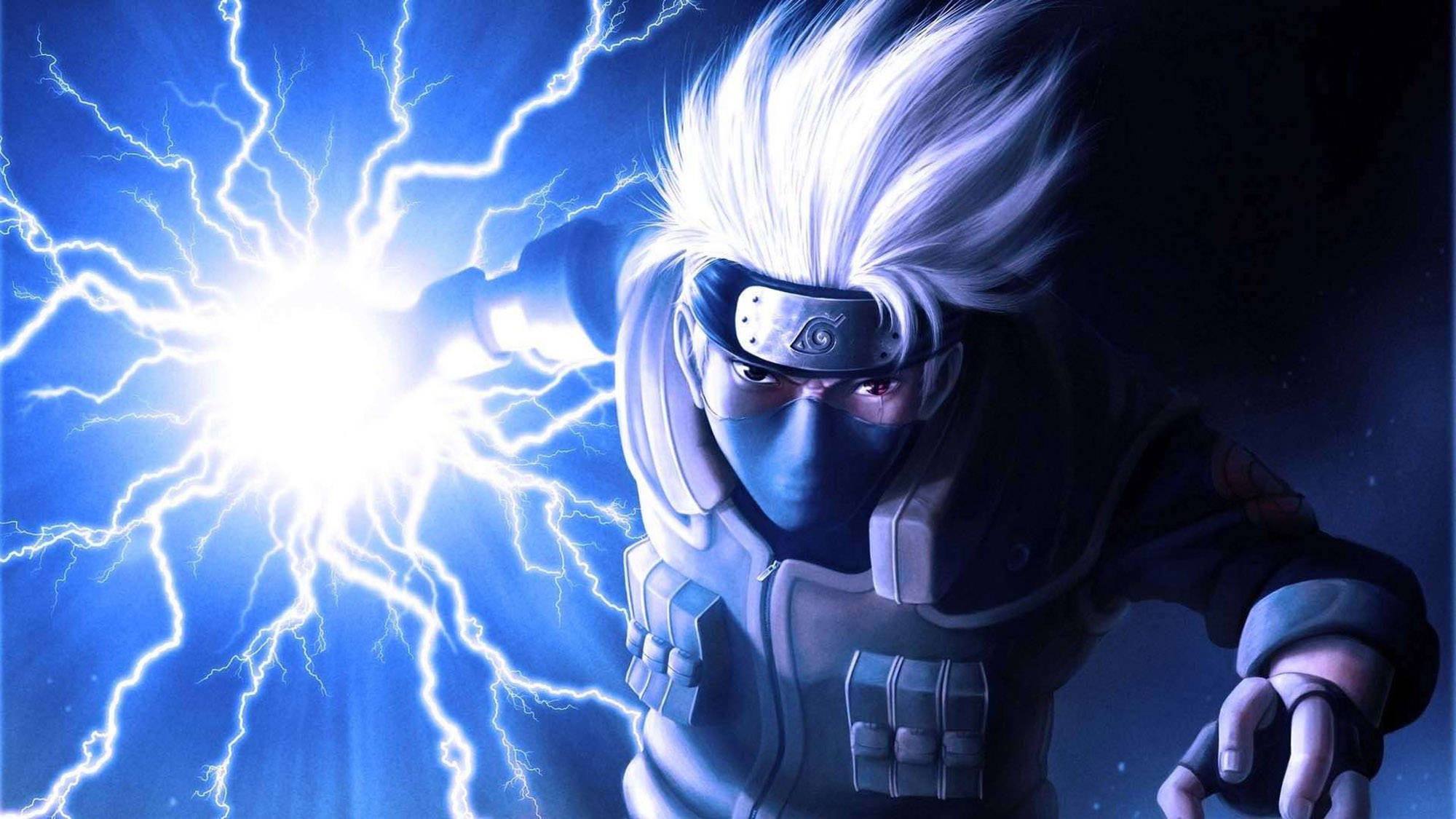 卡卡西頭像雷電之力 壁紙 — 一位白髮藍面具的忍者，在深藍色暴風雨背景下，從手中引導電光。