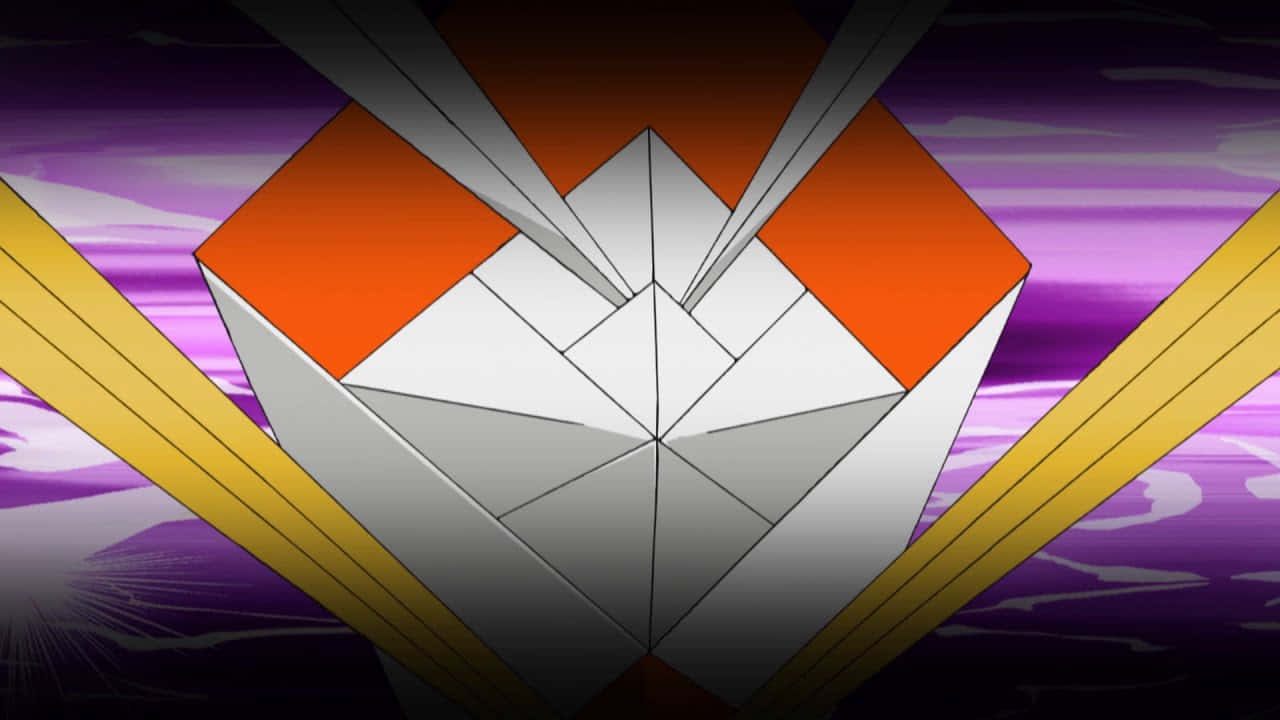 卡坦娜寶可夢特寫 壁紙 — 一隻風格化的摺紙鶴，帶有橙色和白色面板，在充滿活力的紫色和橙色日落天空下閃耀。