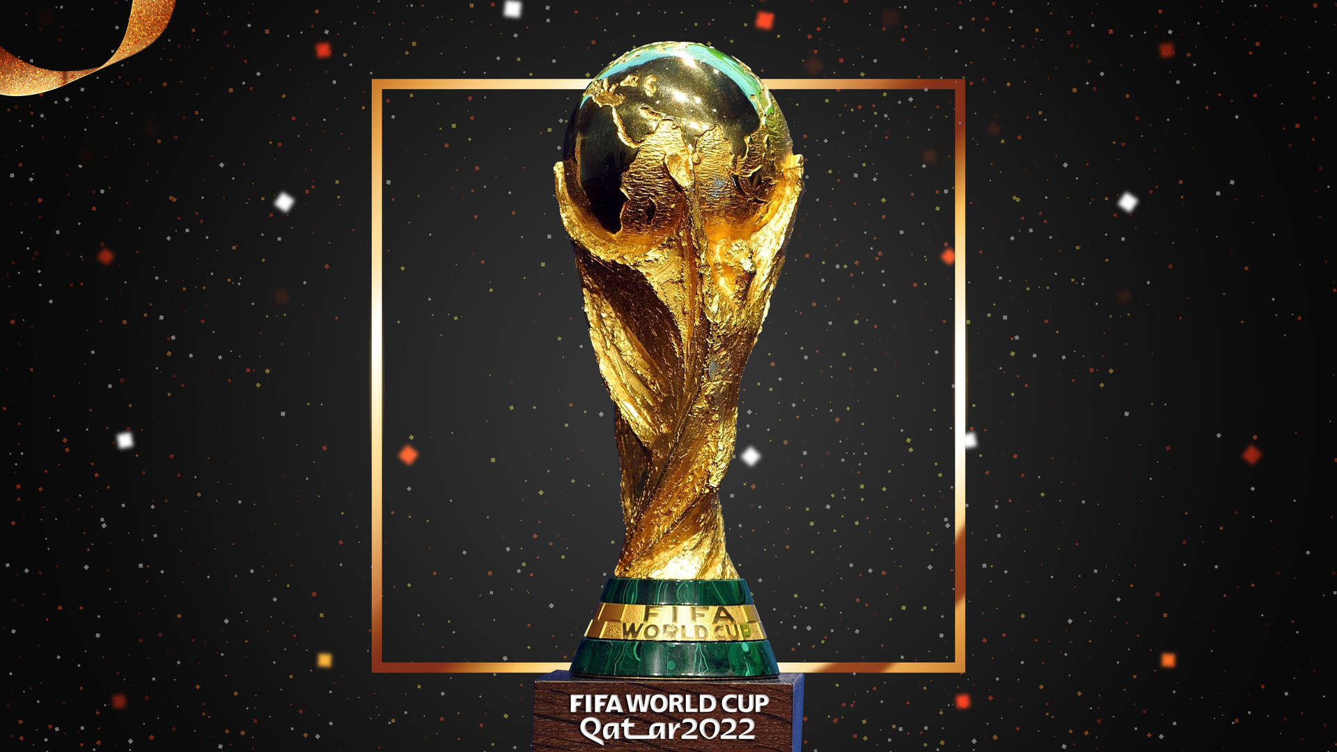 金色FIFA世界盃獎盃，底座刻有'Qatar 2022'，背景星光點綴。