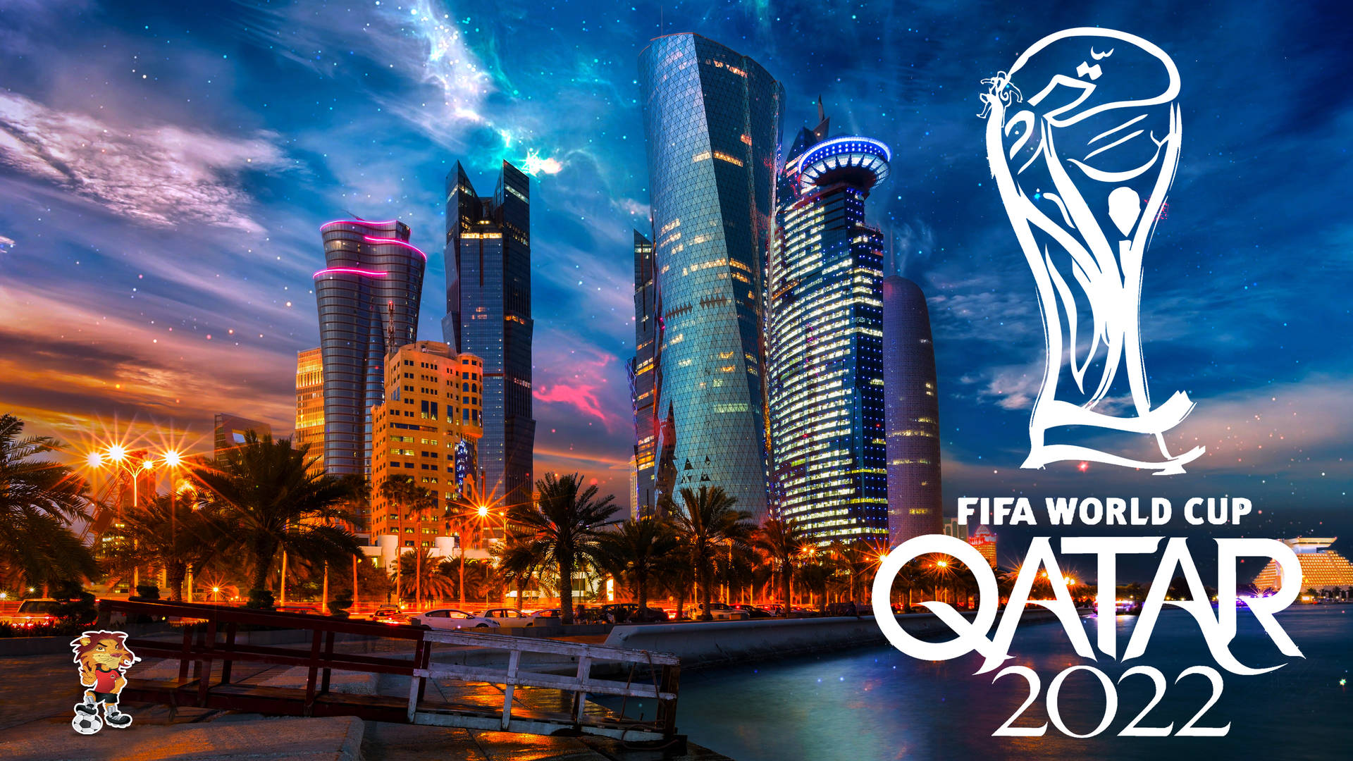 FIFA世界盃卡塔爾2022標誌在夜晚發光的城市天際線上。