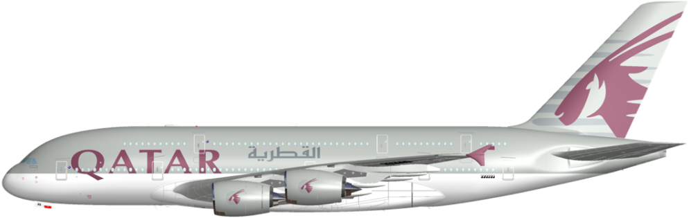 卡塔爾航空客機側視圖 壁紙 — 一架卡塔爾航空的空中巴士A350，採用白色和栗色塗裝，在黑色背景上以側面輪廓展示。