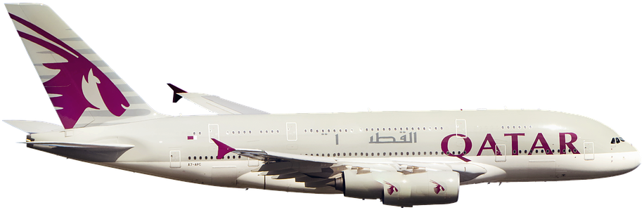 卡塔爾航空客機側面剖面圖 壁紙 — 一架白色和紫色塗裝的卡塔爾航空空中巴士A380飛機，在黑色背景上孤立展示。