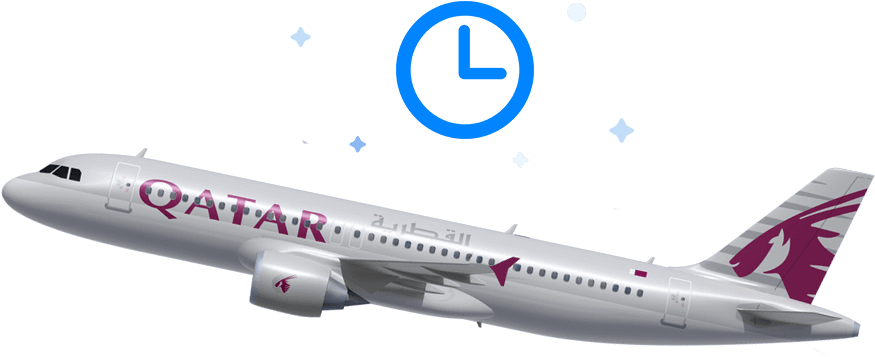 卡塔爾航空客機側面視圖 壁紙 — 一架卡塔爾航空飛機在黑色背景上滑翔，背景中有藍色時鐘和閃爍的星星。