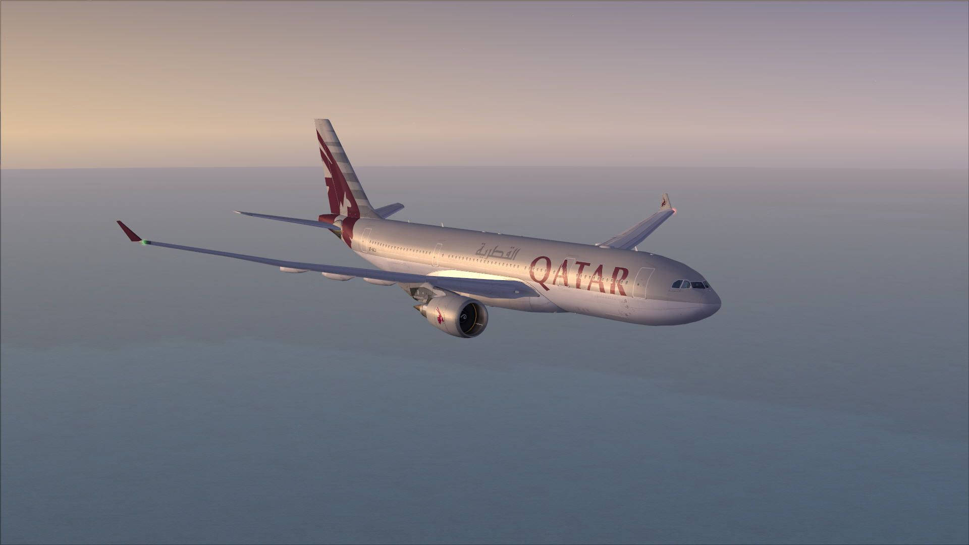 卡塔爾航空飛機在日落時分飛越海洋