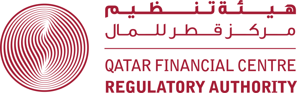卡塔爾金融中心監管局標誌 壁紙 — 卡塔爾金融中心監管局標誌，紅黑配色，附阿拉伯語和英語文字。