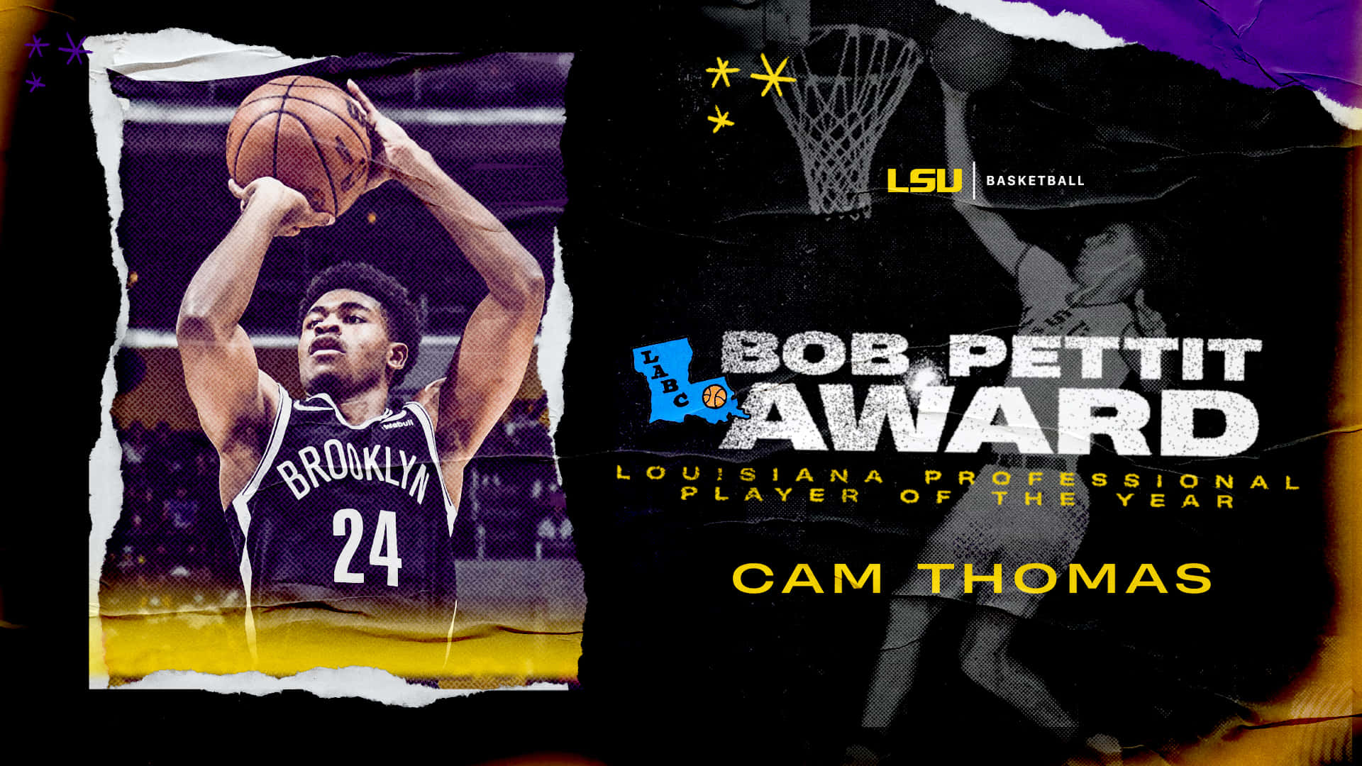 Cam Thomas身穿布魯克林球衣手持籃球，帶有Bob Pettit獎文字疊加。