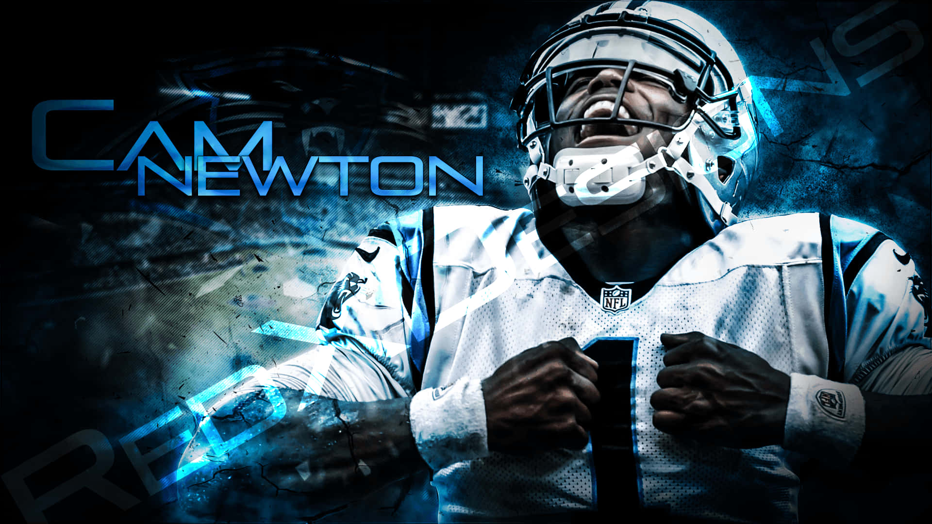 身穿白色球衣的足球運動員Cam Newton握拳怒吼。