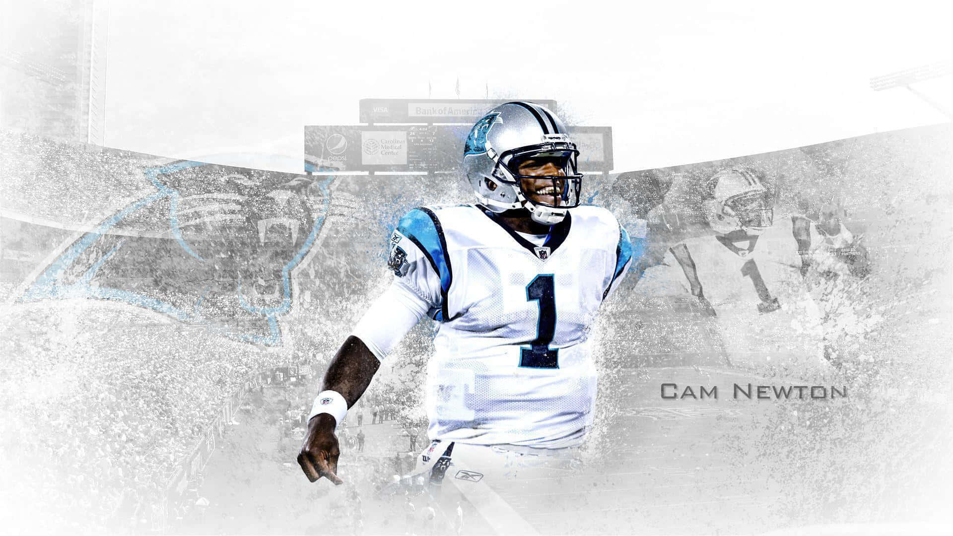 Cam Newton 身穿黑豹隊球衣，在紋理背景中投擲橄欖球。