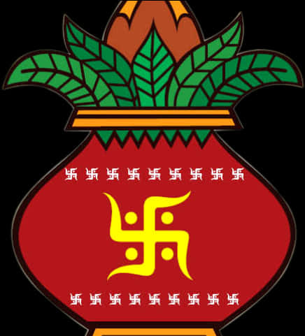 卡拉什符號圖形 壁紙 — 一個風格化的紅色壺，帶有綠葉和黃色卍字符號，背景為黑色。