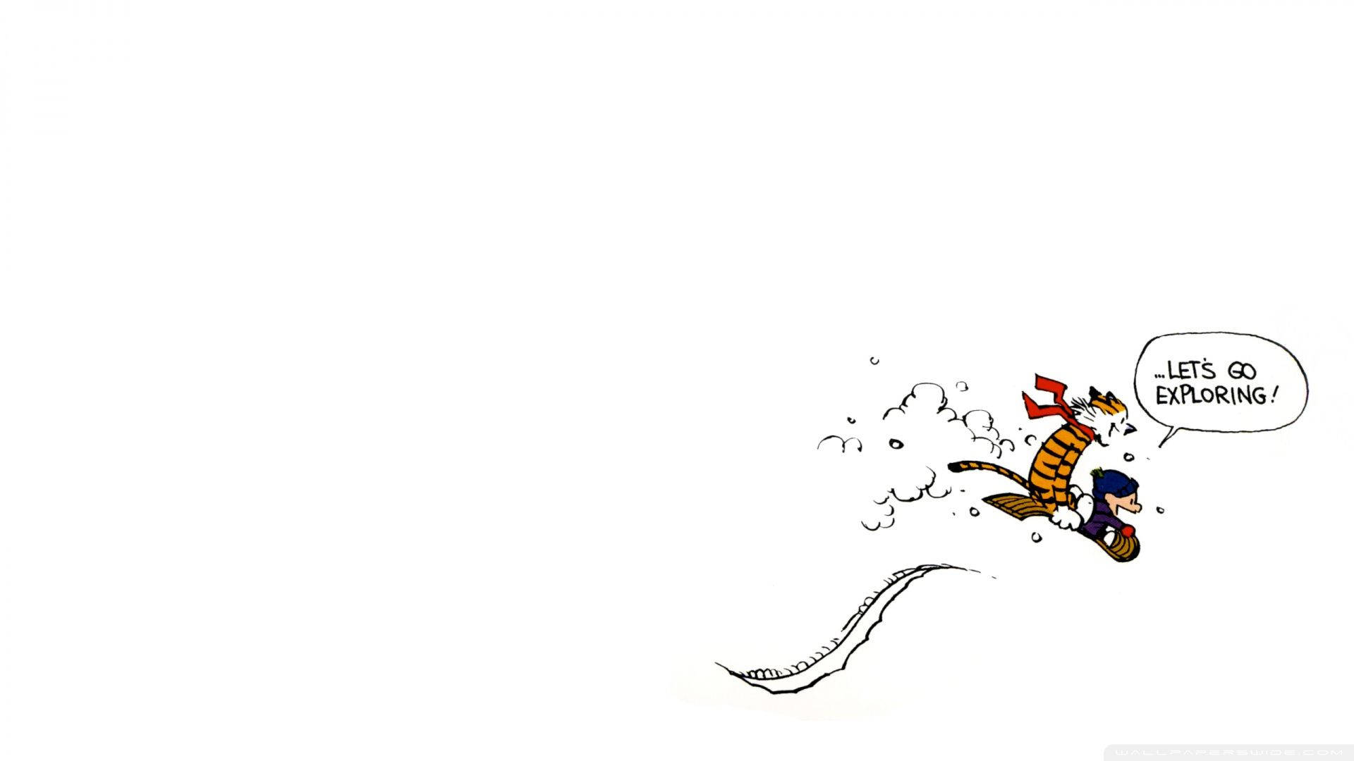 卡文與霍布斯快樂滑雪 壁紙 — 卡通老虎和男孩乘著衝浪板穿過雲層，對話框寫著「我們去探索吧」。