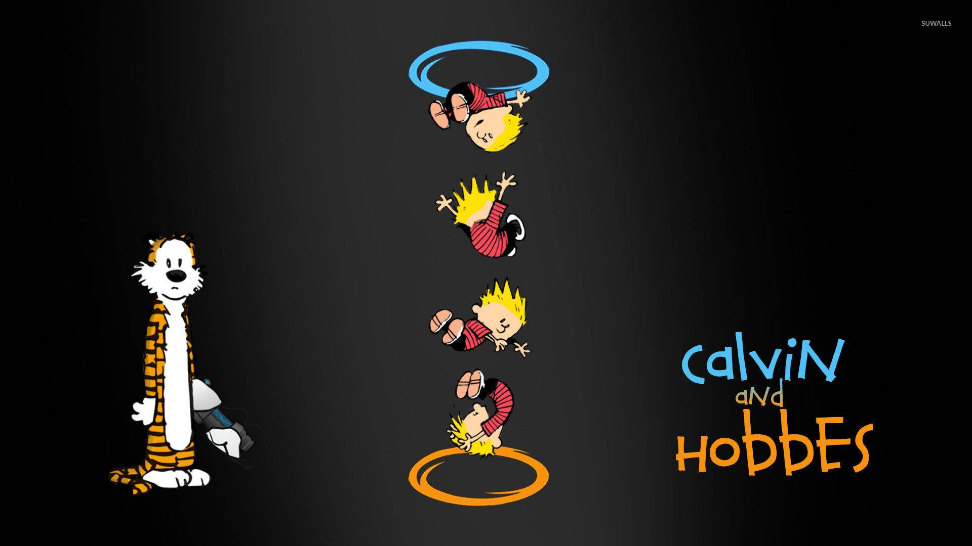 卡文與霍布斯搭乘傳送戒指展開奇幻旅程 壁紙 — Calvin 和 Hobbes 卡通角色在深色漸變背景上進行空中雜技，帶有漫畫標題。